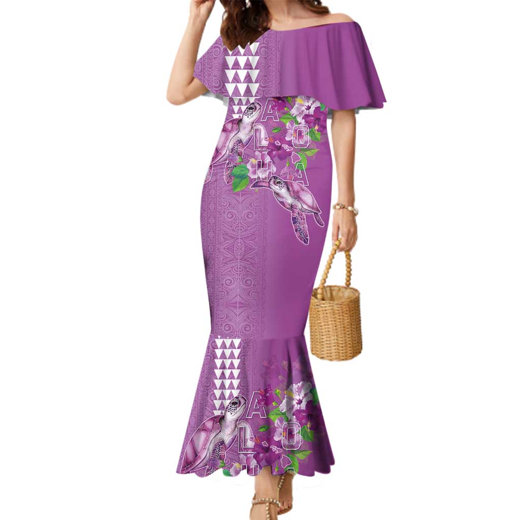 Hawaii Aloha Turtle Hibiscus and Leaves Family Matching Mermaid Dress and Hawaiian Shirt with Polynesian and Kakau Tattoos Lilac Color - Polynesian Pride