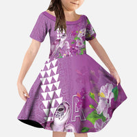 Hawaii Aloha Turtle Hibiscus and Leaves Family Matching Off The Shoulder Long Sleeve Dress and Hawaiian Shirt with Polynesian and Kakau Tattoos Lilac Color - Polynesian Pride