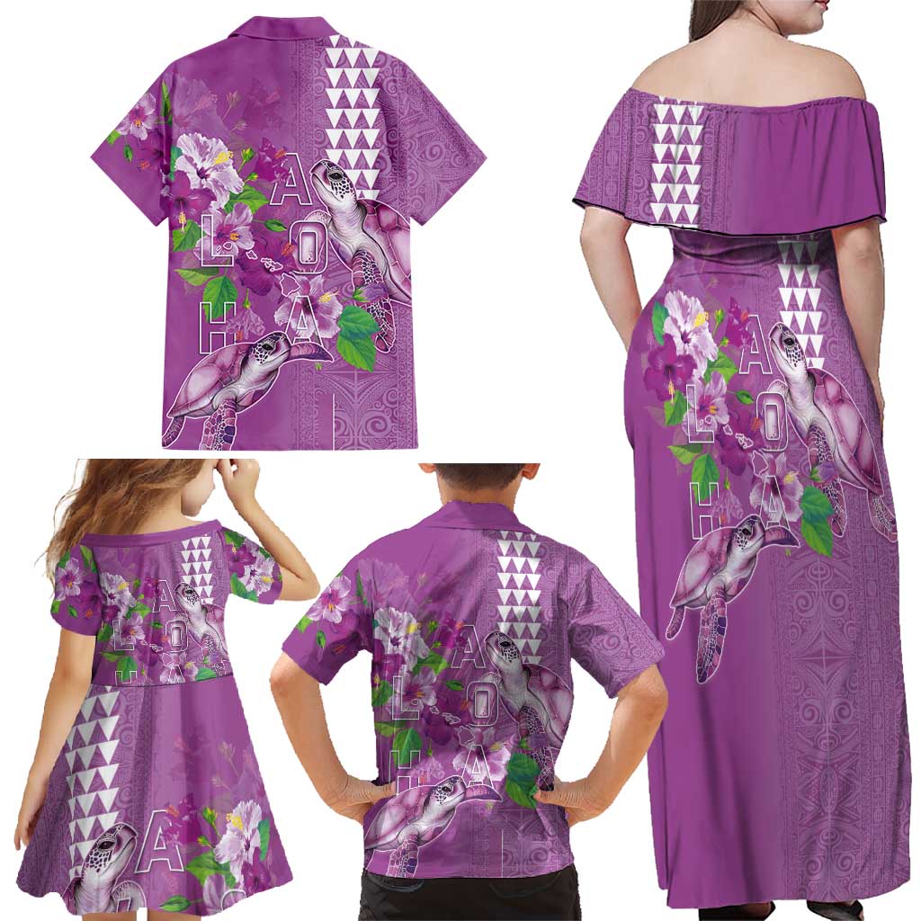 Hawaii Aloha Turtle Hibiscus and Leaves Family Matching Off Shoulder Maxi Dress and Hawaiian Shirt with Polynesian and Kakau Tattoos Lilac Color LT03 - Polynesian Pride
