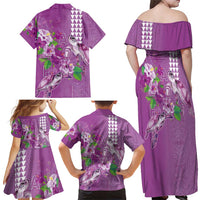 Hawaii Aloha Turtle Hibiscus and Leaves Family Matching Off Shoulder Maxi Dress and Hawaiian Shirt with Polynesian and Kakau Tattoos Lilac Color LT03 - Polynesian Pride