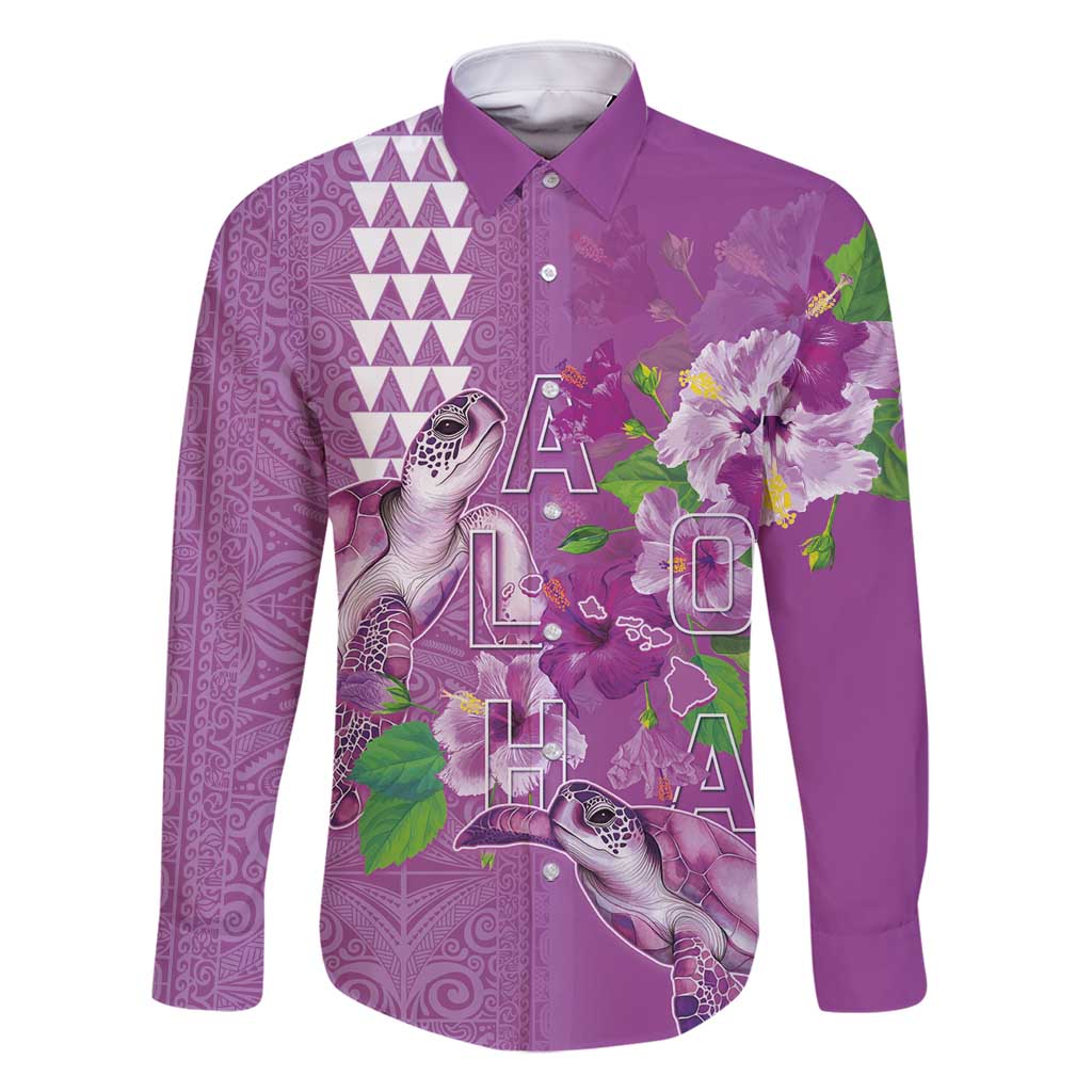 Hawaii Aloha Turtle Hibiscus and Leaves Family Matching Off Shoulder Maxi Dress and Hawaiian Shirt with Polynesian and Kakau Tattoos Lilac Color LT03 Dad's Shirt - Long Sleeve Purple - Polynesian Pride