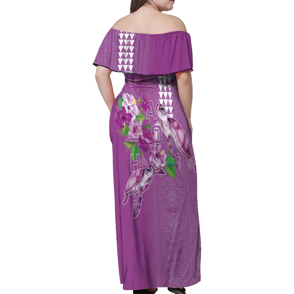Hawaii Aloha Turtle Hibiscus and Leaves Family Matching Off Shoulder Maxi Dress and Hawaiian Shirt with Polynesian and Kakau Tattoos Lilac Color LT03 - Polynesian Pride