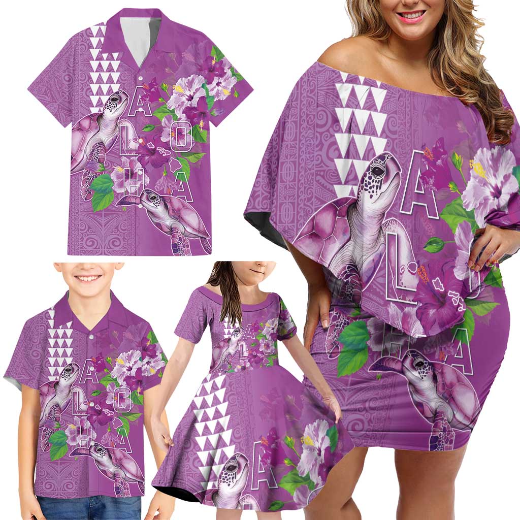 Hawaii Aloha Turtle Hibiscus and Leaves Family Matching Off Shoulder Short Dress and Hawaiian Shirt with Polynesian and Kakau Tattoos Lilac Color LT03 - Polynesian Pride