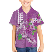 Hawaii Aloha Turtle Hibiscus and Leaves Family Matching Off Shoulder Short Dress and Hawaiian Shirt with Polynesian and Kakau Tattoos Lilac Color LT03 Son's Shirt Purple - Polynesian Pride