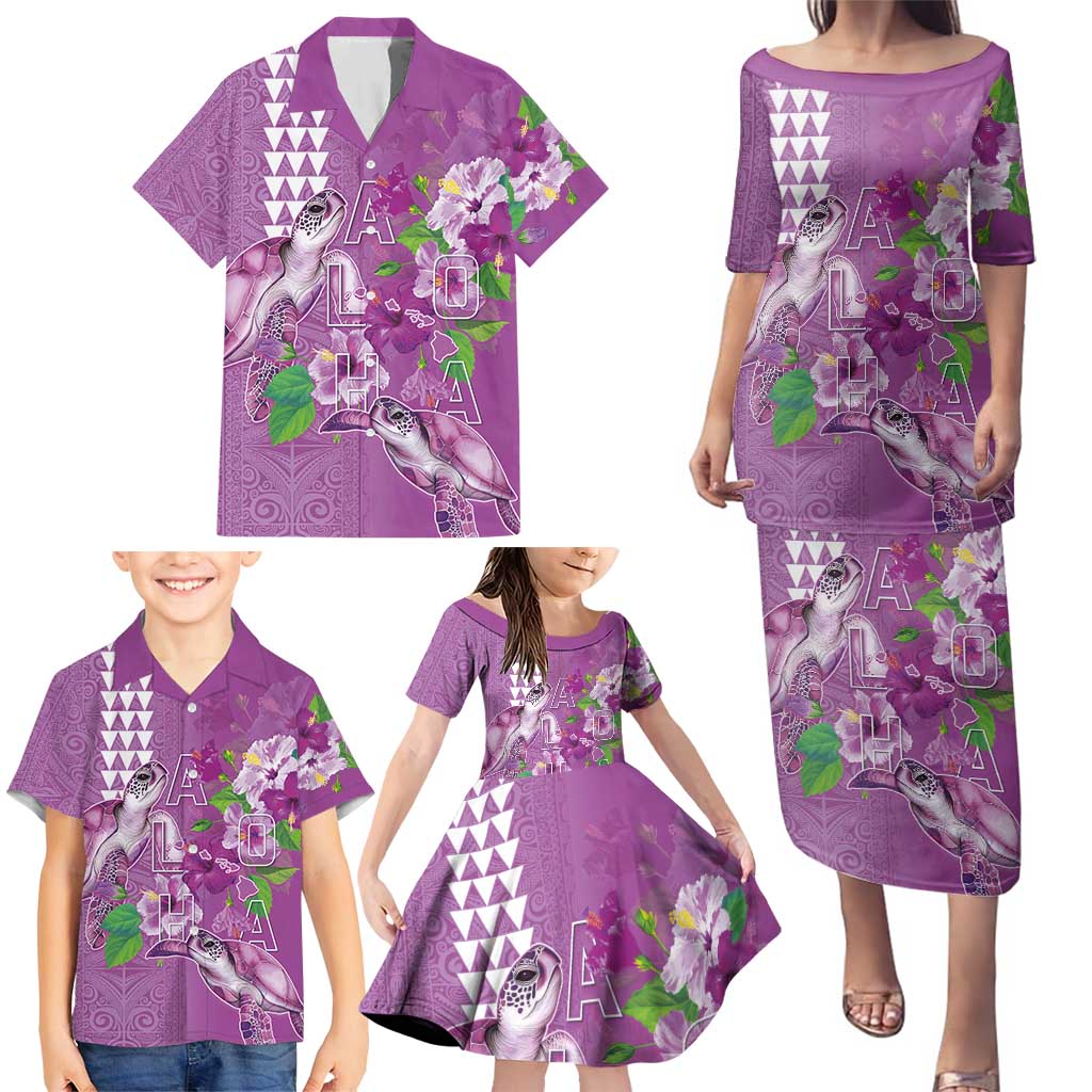 Hawaii Aloha Turtle Hibiscus and Leaves Family Matching Puletasi and Hawaiian Shirt with Polynesian and Kakau Tattoos Lilac Color LT03 - Polynesian Pride
