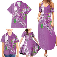 Hawaii Aloha Turtle Hibiscus and Leaves Family Matching Summer Maxi Dress and Hawaiian Shirt with Polynesian and Kakau Tattoos Lilac Color LT03 - Polynesian Pride