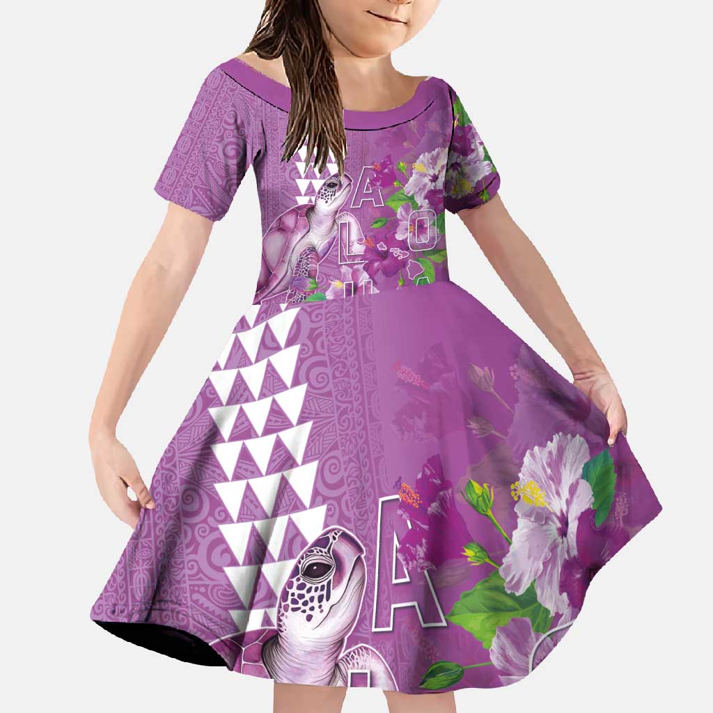 Hawaii Aloha Turtle Hibiscus and Leaves Family Matching Tank Maxi Dress and Hawaiian Shirt with Polynesian and Kakau Tattoos Lilac Color LT03 Daughter's Dress Purple - Polynesian Pride