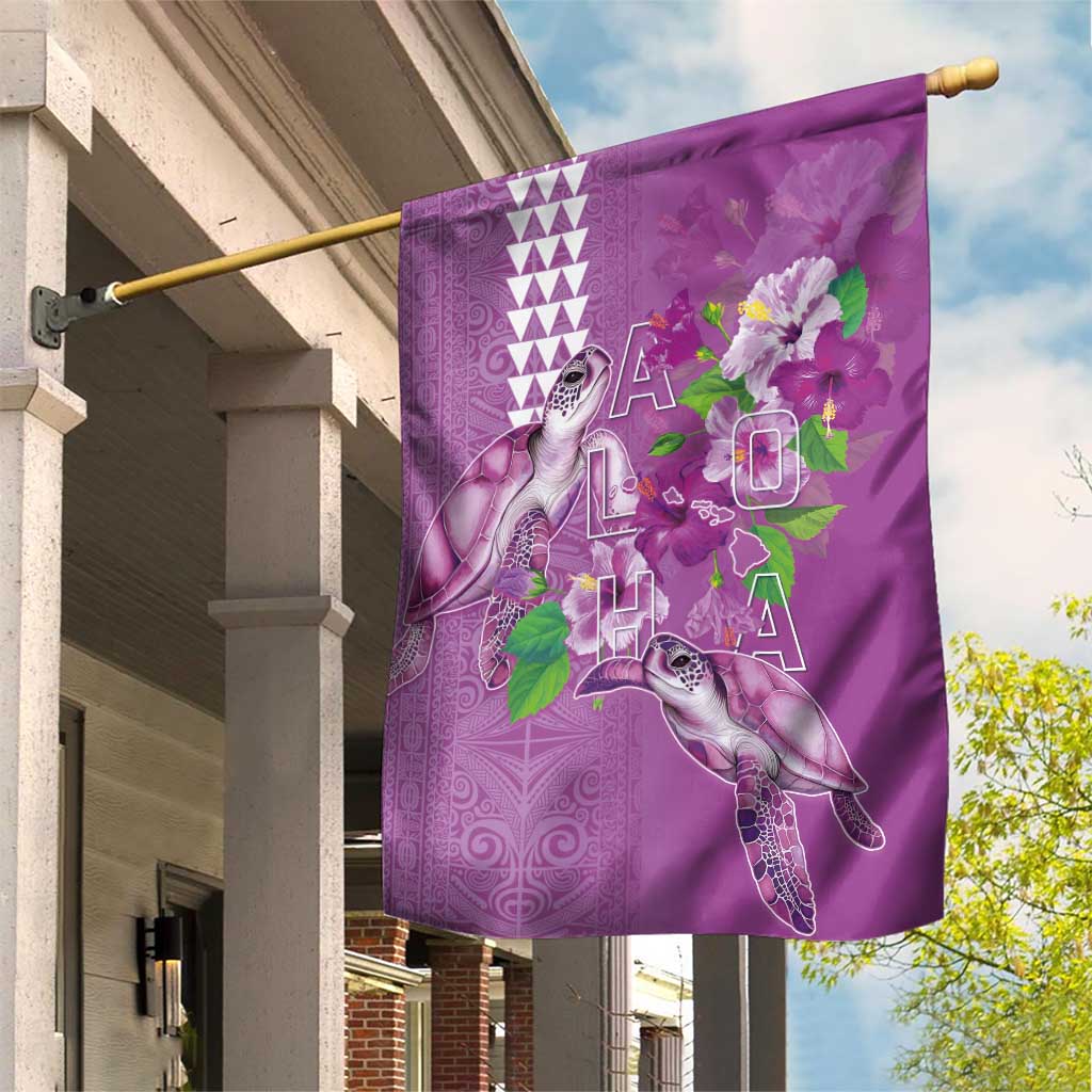Hawaii Aloha Turtle Hibiscus and Leaves Garden Flag with Polynesian and Kakau Tattoos Lilac Color LT03 House Flag Purple - Polynesian Pride
