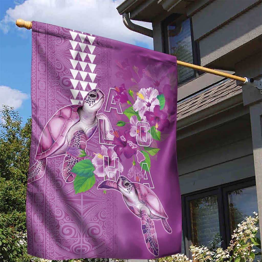 Hawaii Aloha Turtle Hibiscus and Leaves Garden Flag with Polynesian and Kakau Tattoos Lilac Color LT03 - Polynesian Pride