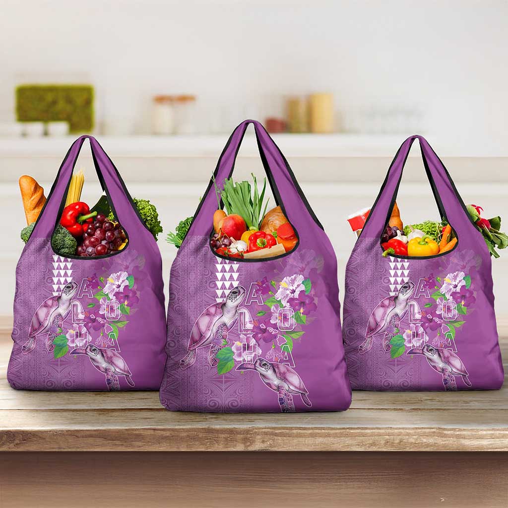 Hawaii Aloha Turtle Hibiscus and Leaves Grocery Bag with Polynesian and Kakau Tattoos Lilac Color LT03 3-pack One Size Purple - Polynesian Pride