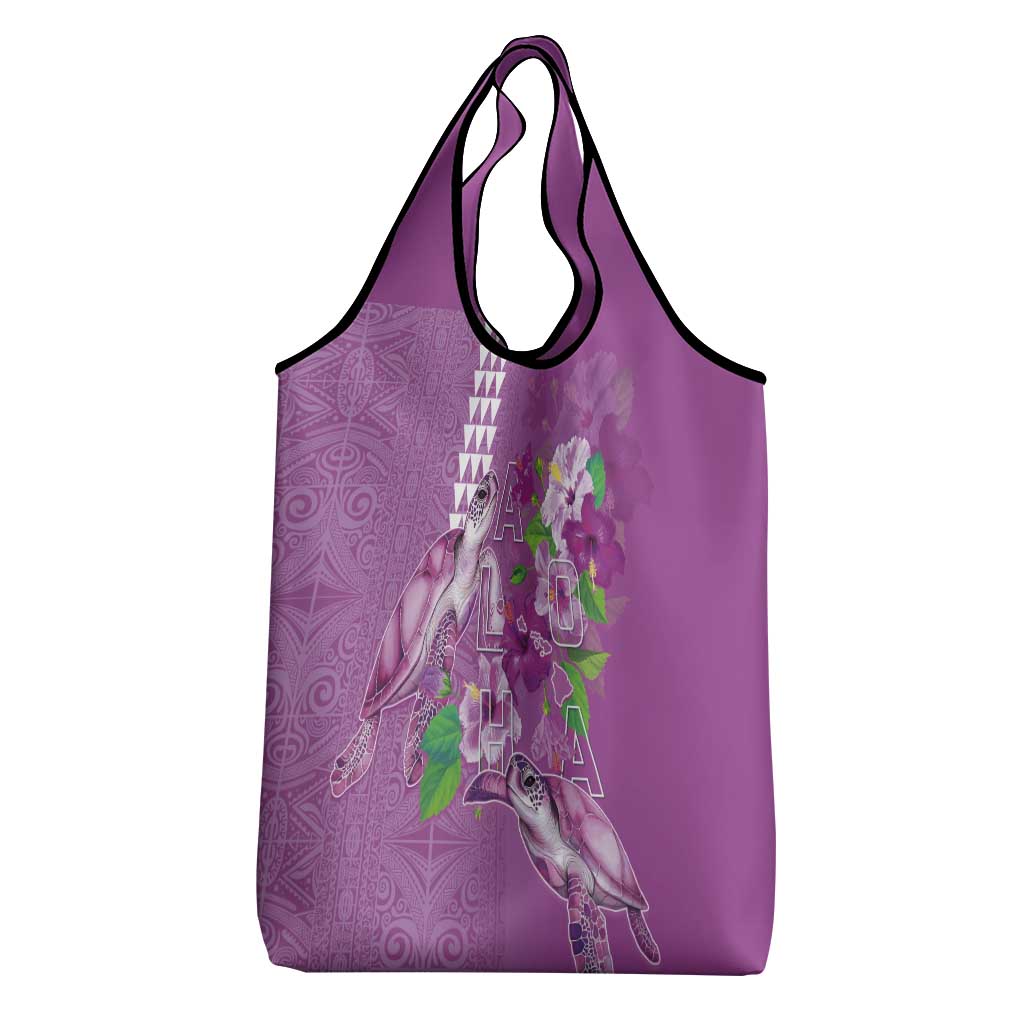 Hawaii Aloha Turtle Hibiscus and Leaves Grocery Bag with Polynesian and Kakau Tattoos Lilac Color LT03 - Polynesian Pride