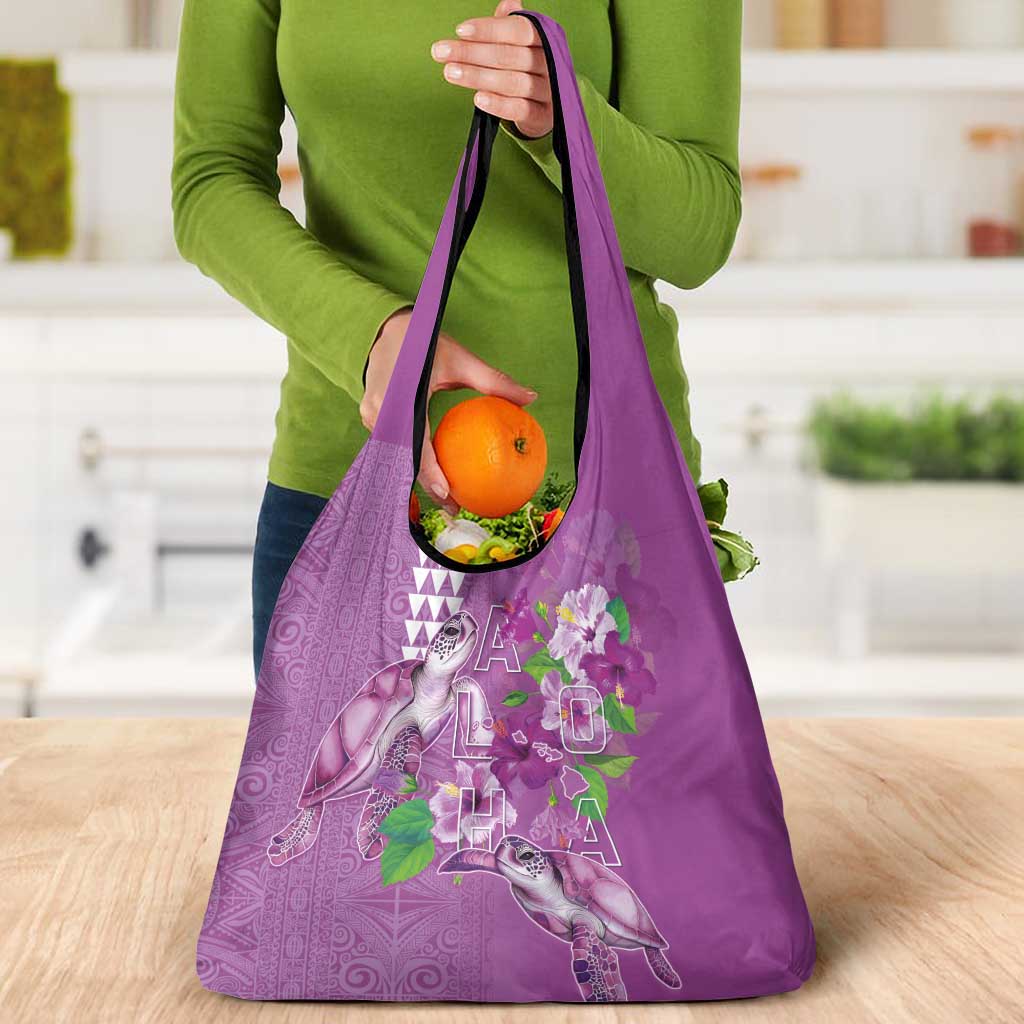 Hawaii Aloha Turtle Hibiscus and Leaves Grocery Bag with Polynesian and Kakau Tattoos Lilac Color LT03 - Polynesian Pride
