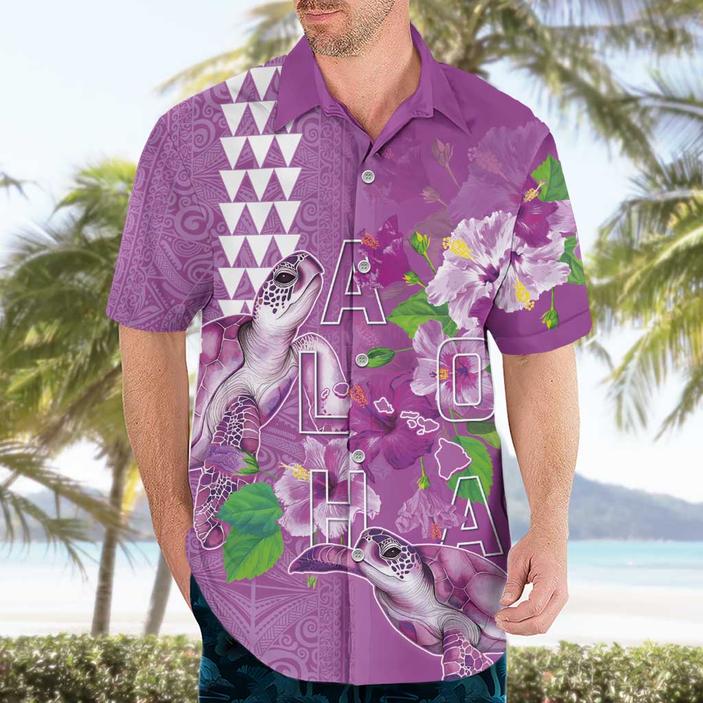 Hawaii Aloha Turtle Hibiscus and Leaves Hawaiian Shirt with Polynesian and Kakau Tattoos Lilac Color LT03 - Polynesian Pride