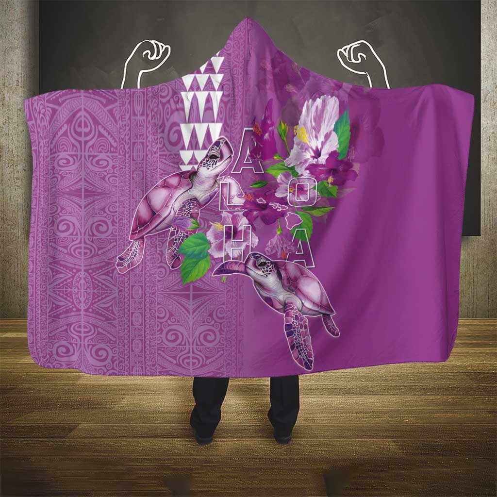 Hawaii Aloha Turtle Hibiscus and Leaves Hooded Blanket with Polynesian and Kakau Tattoos Lilac Color LT03 - Polynesian Pride