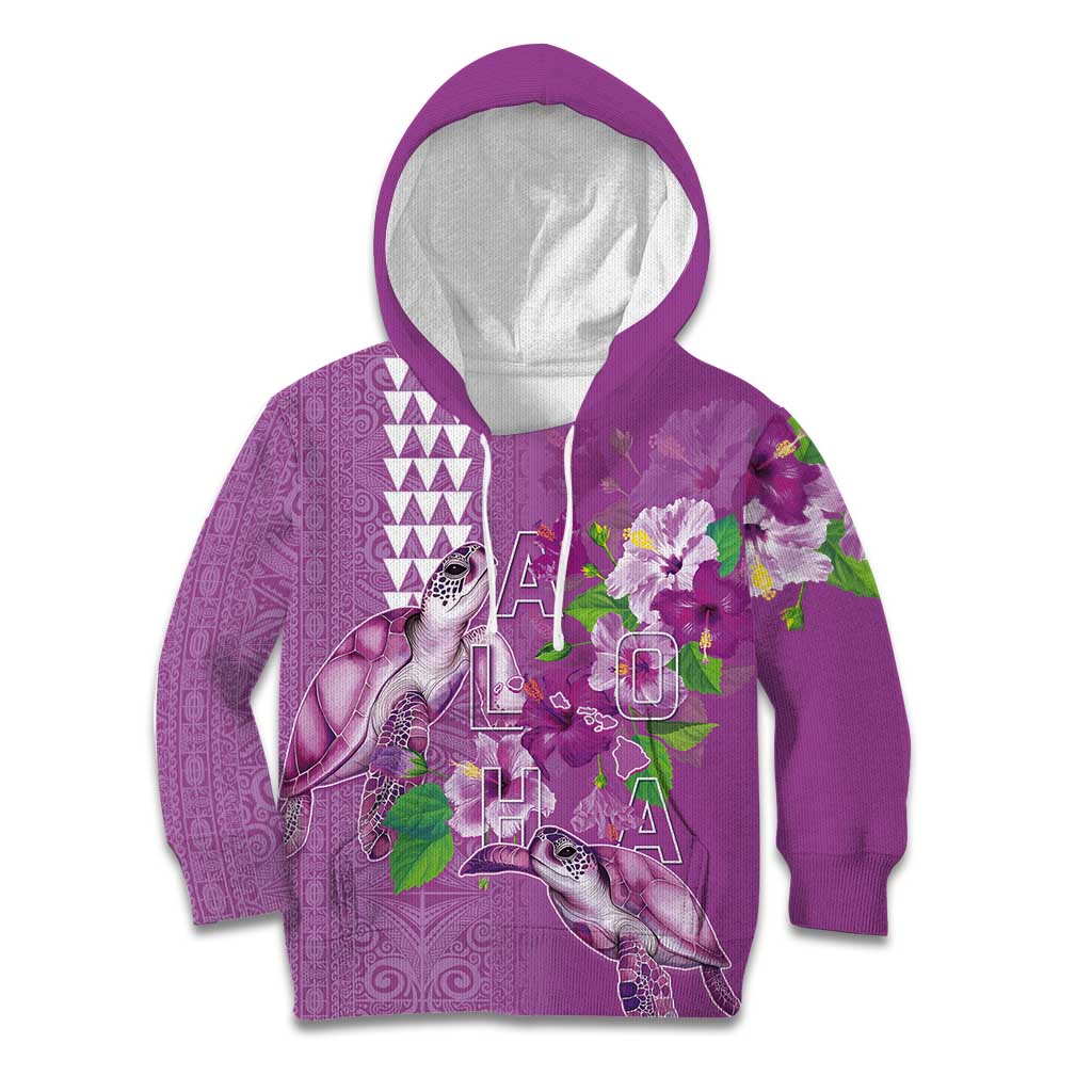 Hawaii Aloha Turtle Hibiscus and Leaves Kid Hoodie with Polynesian and Kakau Tattoos Lilac Color LT03 Hoodie Purple - Polynesian Pride