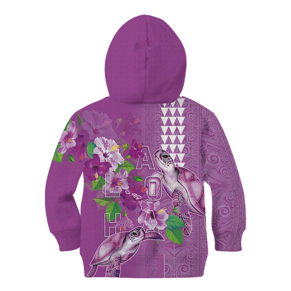Hawaii Aloha Turtle Hibiscus and Leaves Kid Hoodie with Polynesian and Kakau Tattoos Lilac Color LT03 - Polynesian Pride
