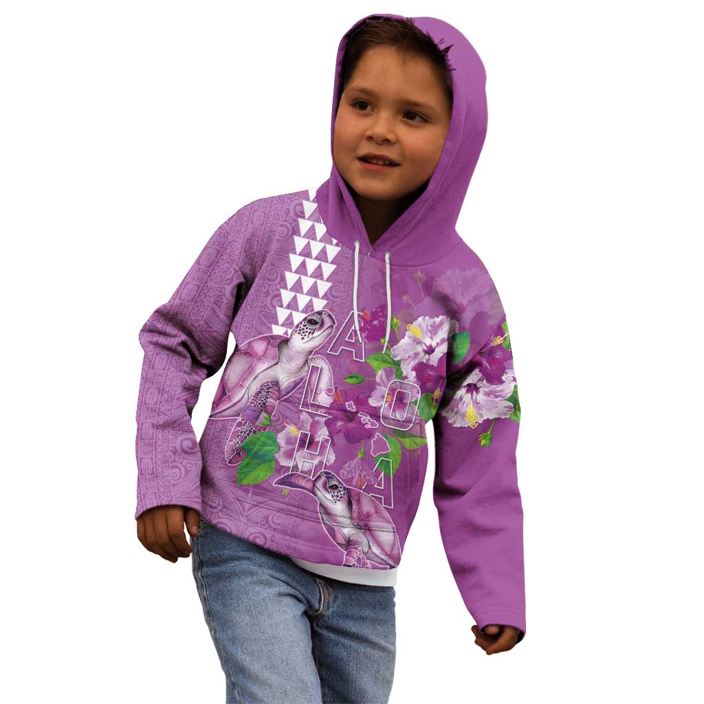 Hawaii Aloha Turtle Hibiscus and Leaves Kid Hoodie with Polynesian and Kakau Tattoos Lilac Color LT03 - Polynesian Pride