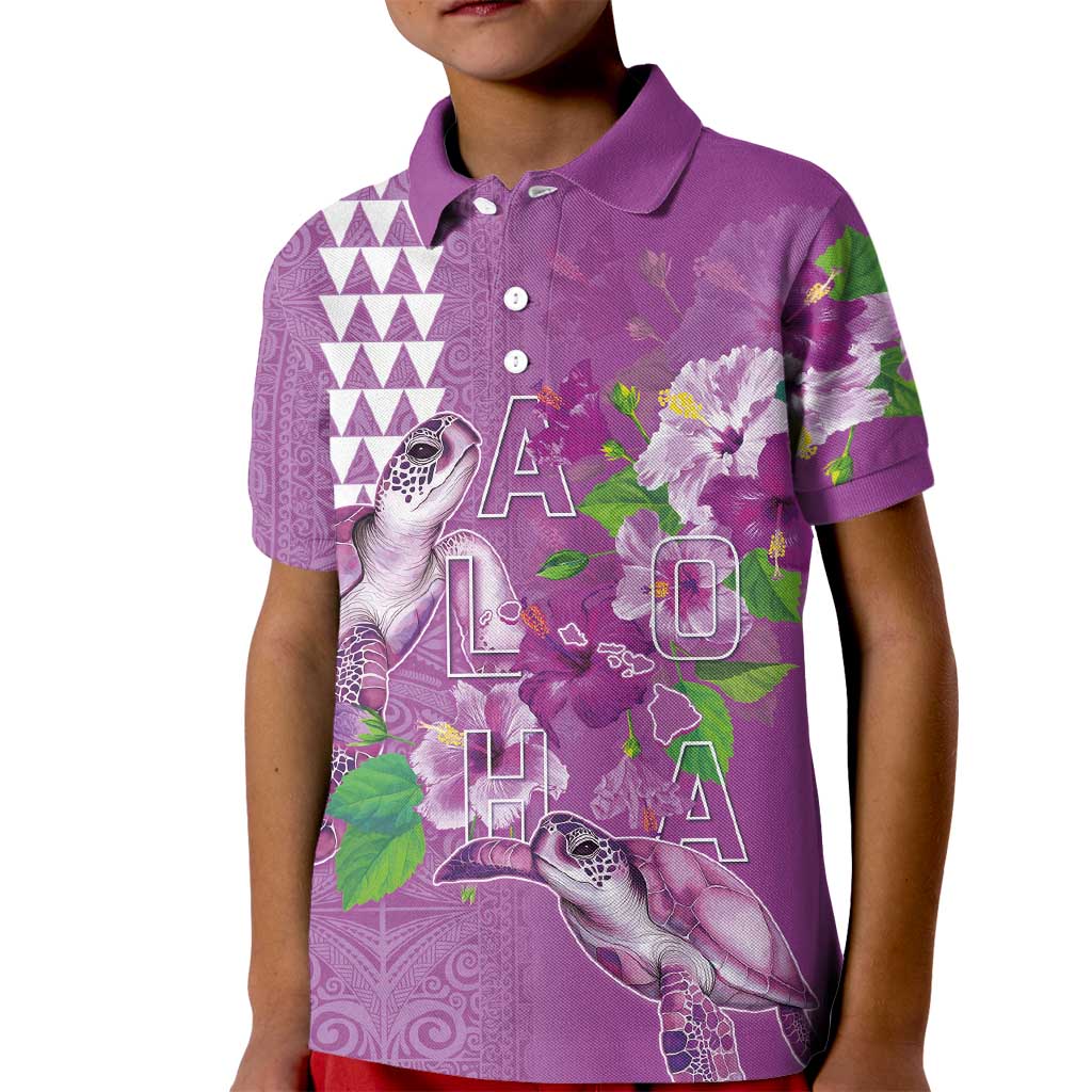 Hawaii Aloha Turtle Hibiscus and Leaves Kid Polo Shirt with Polynesian and Kakau Tattoos Lilac Color LT03 Kid Purple - Polynesian Pride