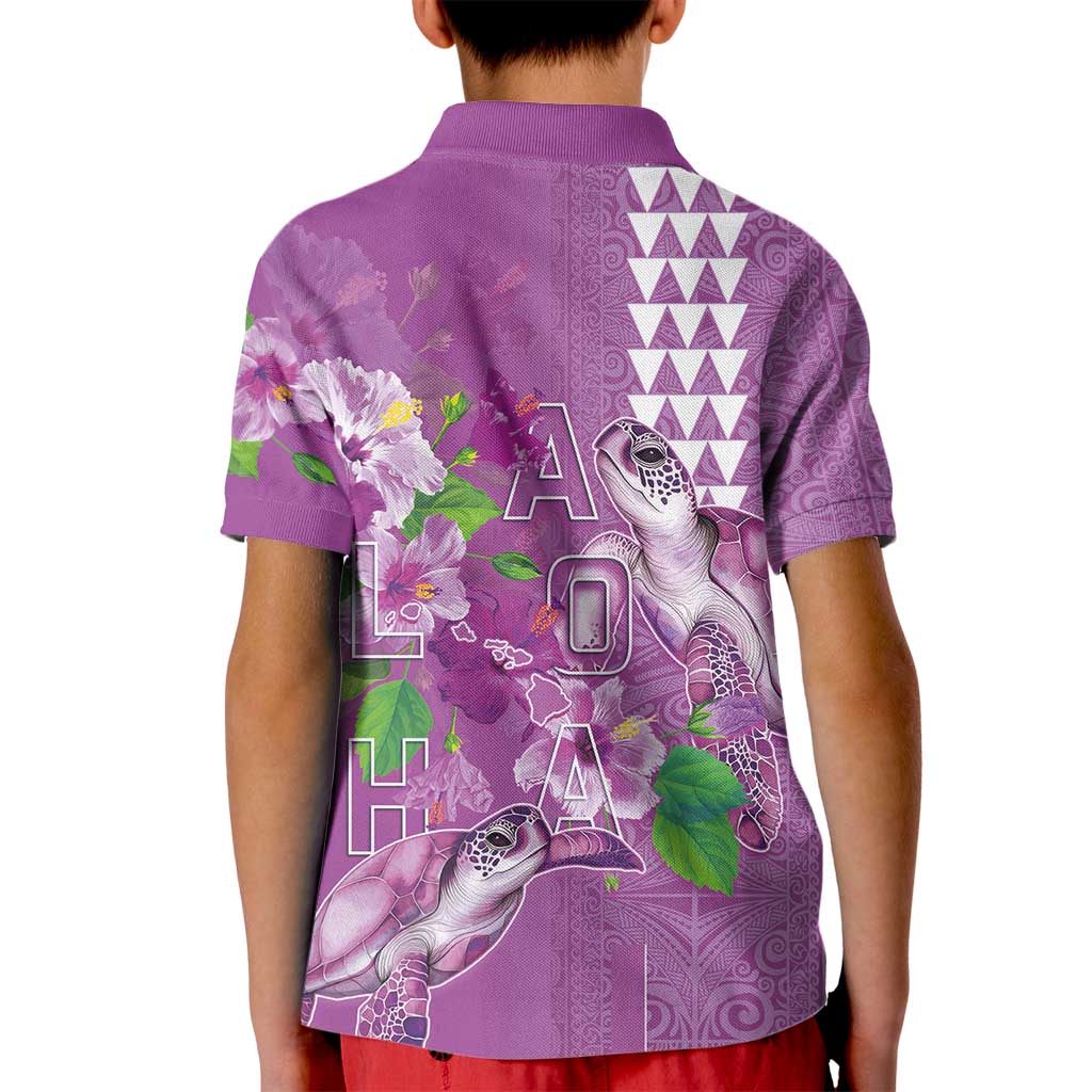 Hawaii Aloha Turtle Hibiscus and Leaves Kid Polo Shirt with Polynesian and Kakau Tattoos Lilac Color LT03 - Polynesian Pride