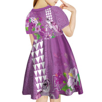 Hawaii Aloha Turtle Hibiscus and Leaves Kid Short Sleeve Dress with Polynesian and Kakau Tattoos Lilac Color LT03 - Polynesian Pride