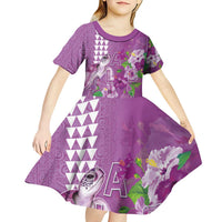 Hawaii Aloha Turtle Hibiscus and Leaves Kid Short Sleeve Dress with Polynesian and Kakau Tattoos Lilac Color LT03 - Polynesian Pride