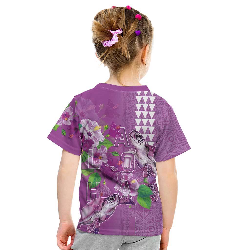 Hawaii Aloha Turtle Hibiscus and Leaves Kid T Shirt with Polynesian and Kakau Tattoos Lilac Color LT03 - Polynesian Pride