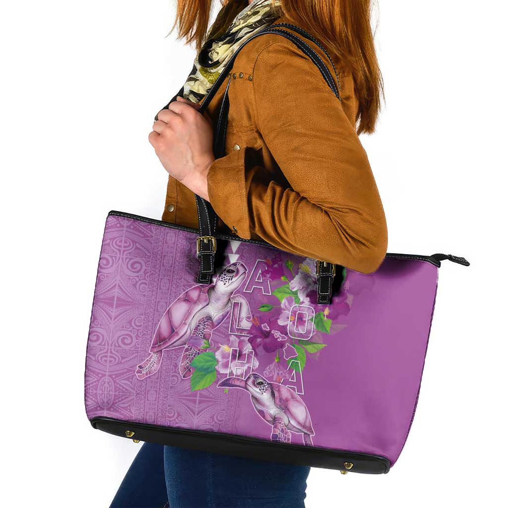 Hawaii Aloha Turtle Hibiscus and Leaves Leather Tote Bag with Polynesian and Kakau Tattoos Lilac Color LT03 Purple - Polynesian Pride