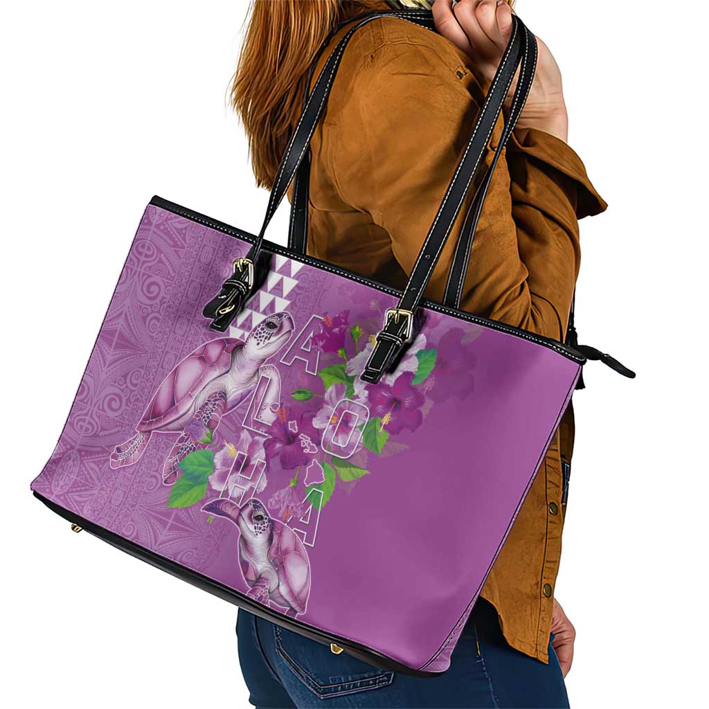 Hawaii Aloha Turtle Hibiscus and Leaves Leather Tote Bag with Polynesian and Kakau Tattoos Lilac Color LT03 - Polynesian Pride