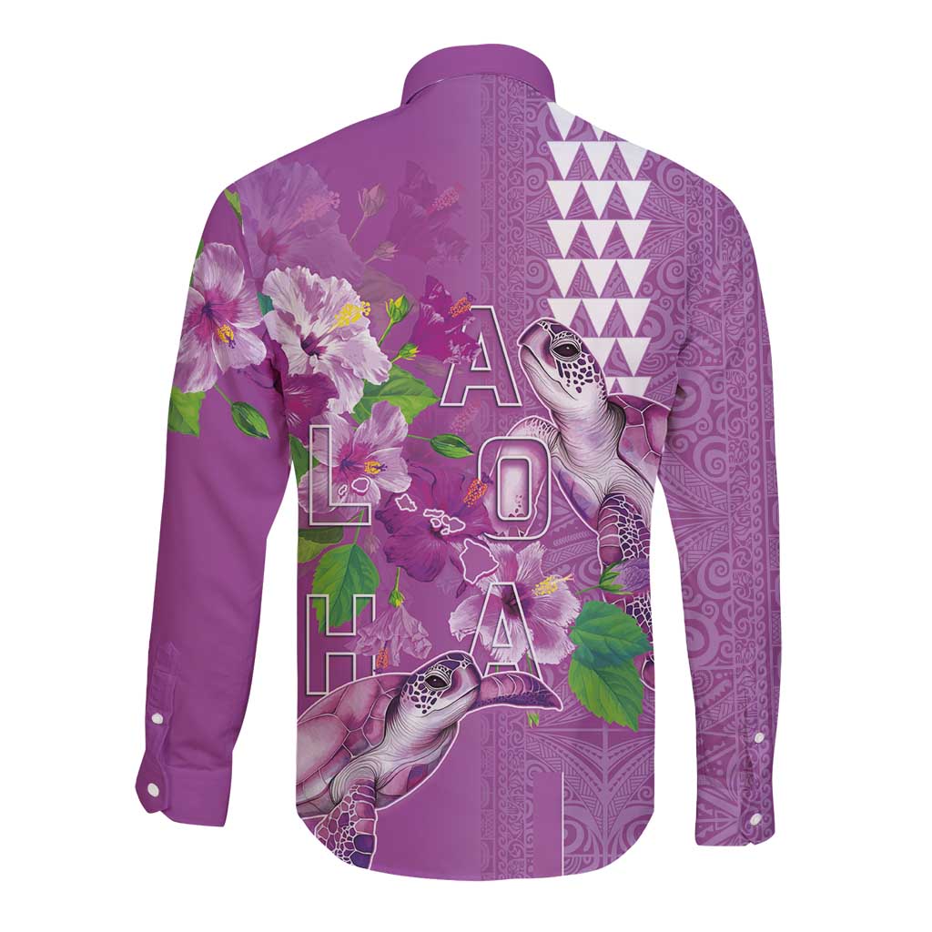 Hawaii Aloha Turtle Hibiscus and Leaves Long Sleeve Button Shirt with Polynesian and Kakau Tattoos Lilac Color LT03 - Polynesian Pride