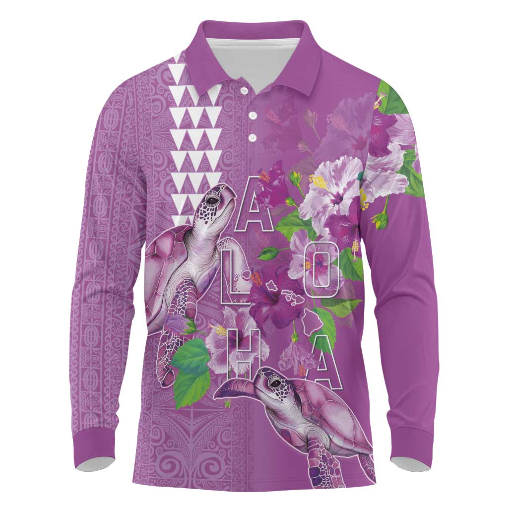 Hawaii Aloha Turtle Hibiscus and Leaves Long Sleeve Polo Shirt with Polynesian and Kakau Tattoos Lilac Color LT03 Purple - Polynesian Pride