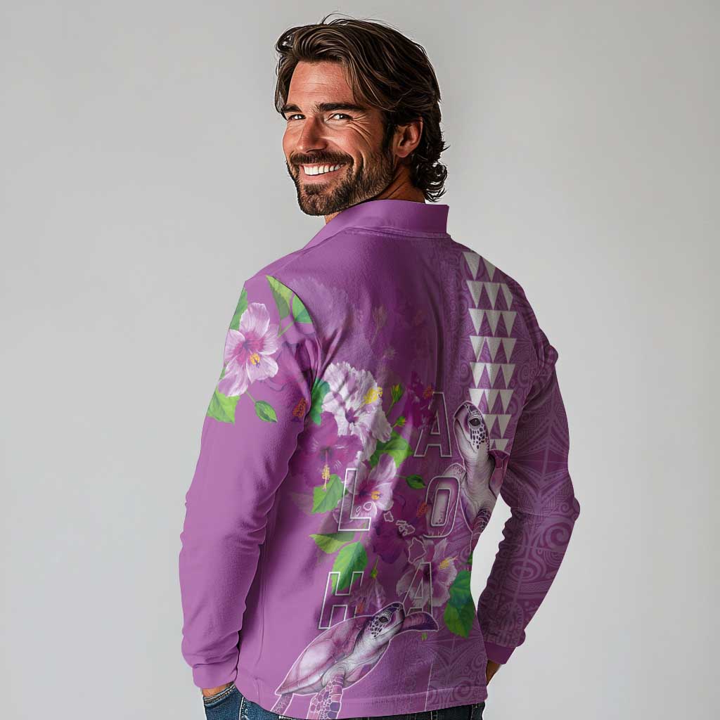Hawaii Aloha Turtle Hibiscus and Leaves Long Sleeve Polo Shirt with Polynesian and Kakau Tattoos Lilac Color LT03 - Polynesian Pride