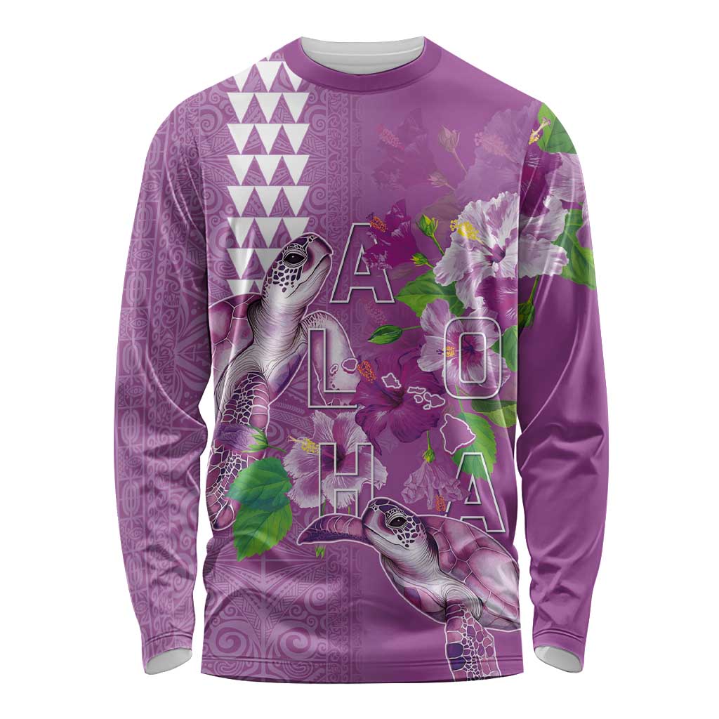 Hawaii Aloha Turtle Hibiscus and Leaves Long Sleeve Shirt with Polynesian and Kakau Tattoos Lilac Color LT03 Unisex Purple - Polynesian Pride