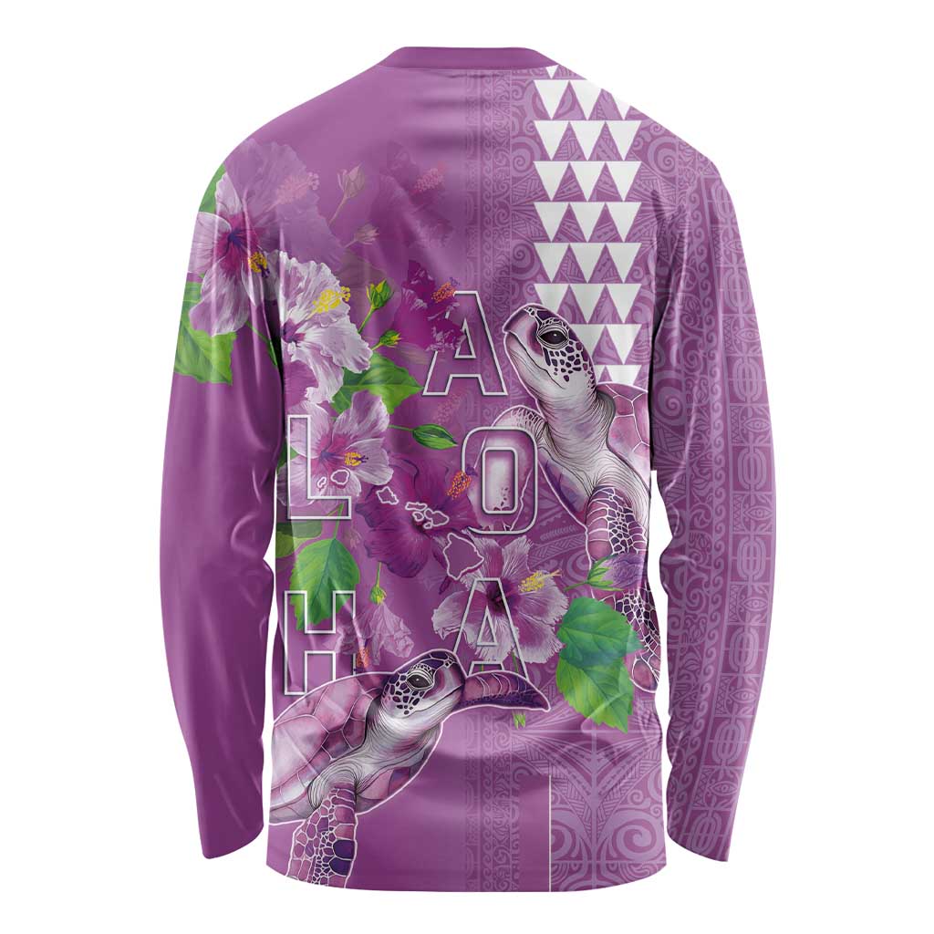 Hawaii Aloha Turtle Hibiscus and Leaves Long Sleeve Shirt with Polynesian and Kakau Tattoos Lilac Color LT03 - Polynesian Pride