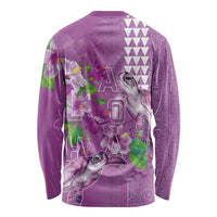 Hawaii Aloha Turtle Hibiscus and Leaves Long Sleeve Shirt with Polynesian and Kakau Tattoos Lilac Color LT03 - Polynesian Pride