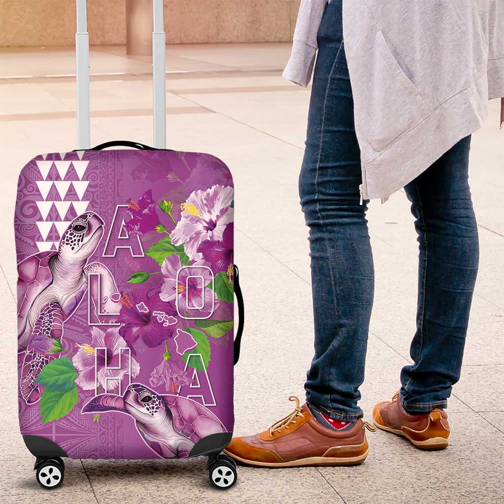Hawaii Aloha Turtle Hibiscus and Leaves Luggage Cover with Polynesian and Kakau Tattoos Lilac Color LT03 Purple - Polynesian Pride