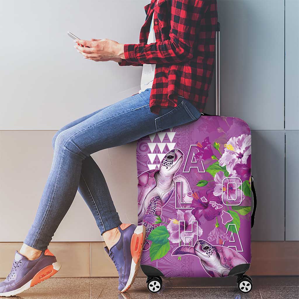 Hawaii Aloha Turtle Hibiscus and Leaves Luggage Cover with Polynesian and Kakau Tattoos Lilac Color LT03 - Polynesian Pride