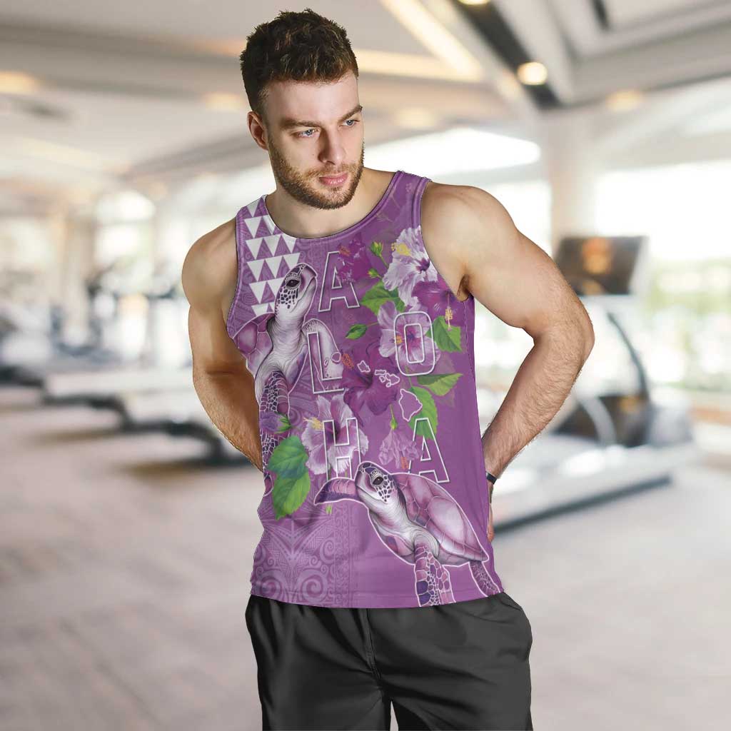 Hawaii Aloha Turtle Hibiscus and Leaves Men Tank Top with Polynesian and Kakau Tattoos Lilac Color LT03 Purple - Polynesian Pride