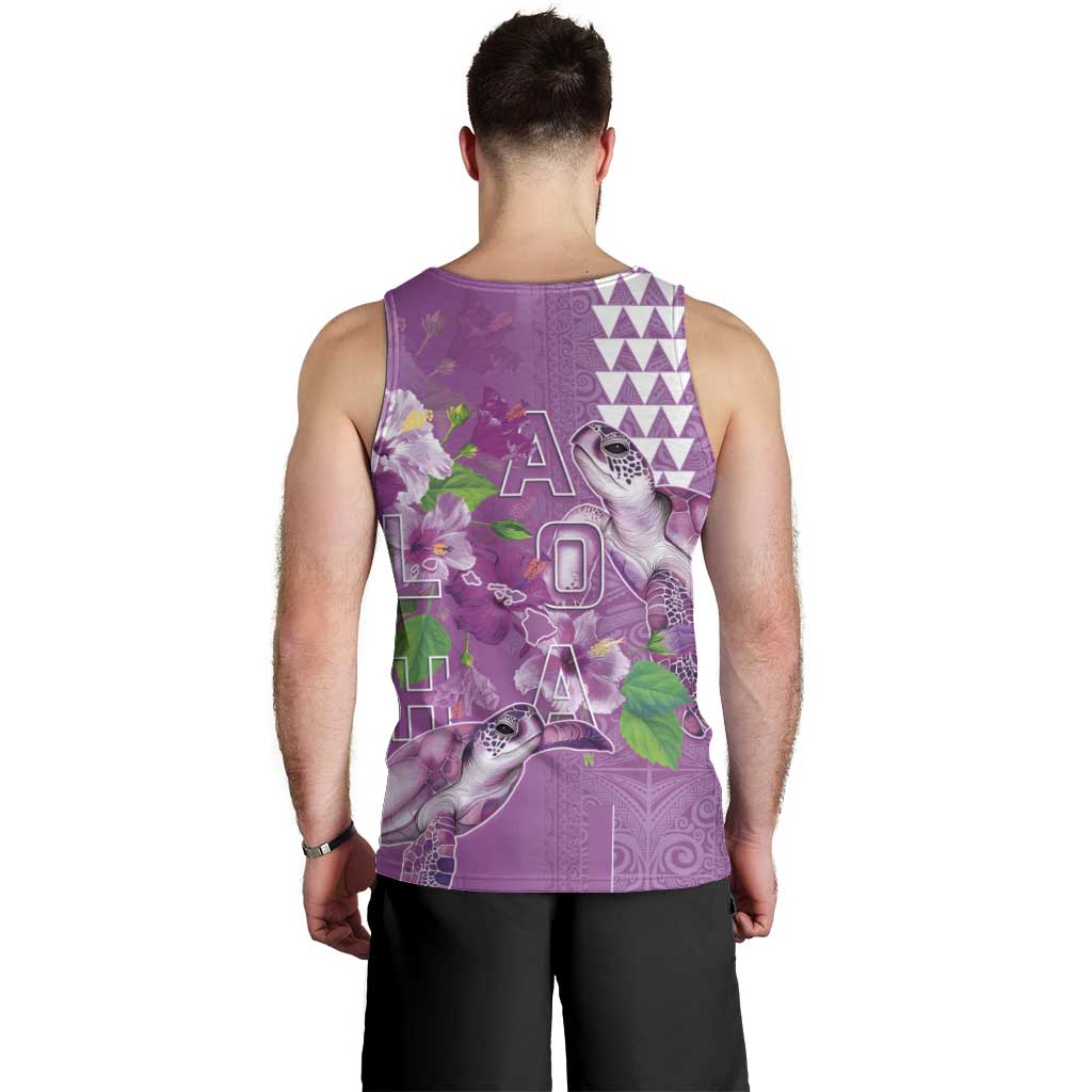 Hawaii Aloha Turtle Hibiscus and Leaves Men Tank Top with Polynesian and Kakau Tattoos Lilac Color LT03 - Polynesian Pride