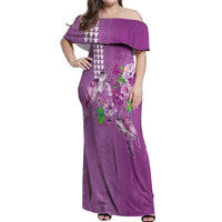 Hawaii Aloha Turtle Hibiscus and Leaves Off Shoulder Maxi Dress with Polynesian and Kakau Tattoos Lilac Color LT03 Women Purple - Polynesian Pride