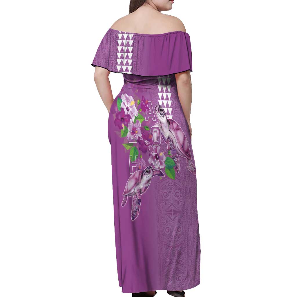 Hawaii Aloha Turtle Hibiscus and Leaves Off Shoulder Maxi Dress with Polynesian and Kakau Tattoos Lilac Color LT03 - Polynesian Pride