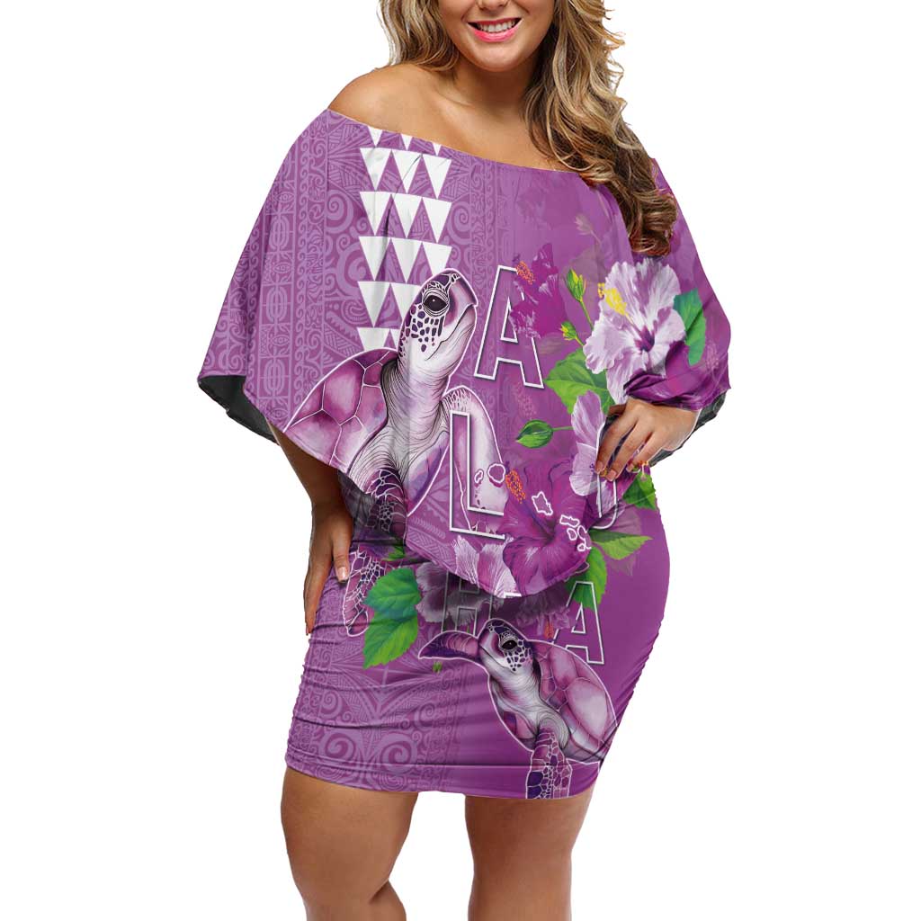 Hawaii Aloha Turtle Hibiscus and Leaves Off Shoulder Short Dress with Polynesian and Kakau Tattoos Lilac Color LT03 Women Purple - Polynesian Pride