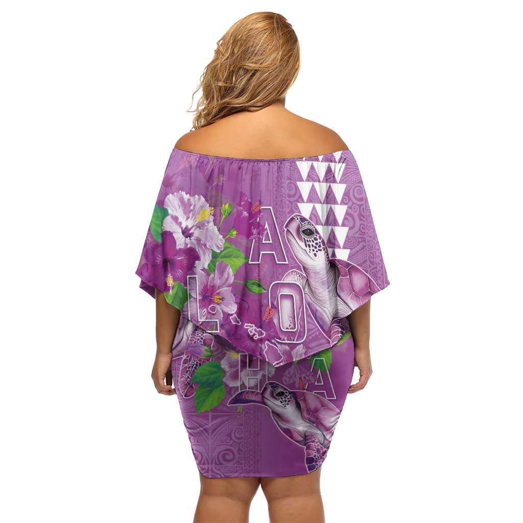 Hawaii Aloha Turtle Hibiscus and Leaves Off Shoulder Short Dress with Polynesian and Kakau Tattoos Lilac Color LT03 - Polynesian Pride