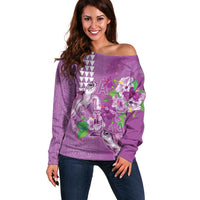 Hawaii Aloha Turtle Hibiscus and Leaves Off Shoulder Sweater with Polynesian and Kakau Tattoos Lilac Color LT03 Women Purple - Polynesian Pride