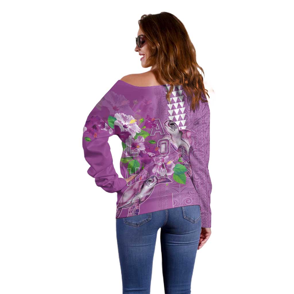 Hawaii Aloha Turtle Hibiscus and Leaves Off Shoulder Sweater with Polynesian and Kakau Tattoos Lilac Color LT03 - Polynesian Pride