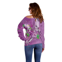 Hawaii Aloha Turtle Hibiscus and Leaves Off Shoulder Sweater with Polynesian and Kakau Tattoos Lilac Color LT03 - Polynesian Pride