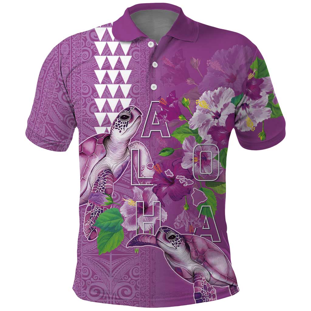 Hawaii Aloha Turtle Hibiscus and Leaves Polo Shirt with Polynesian and Kakau Tattoos Lilac Color LT03 Purple - Polynesian Pride