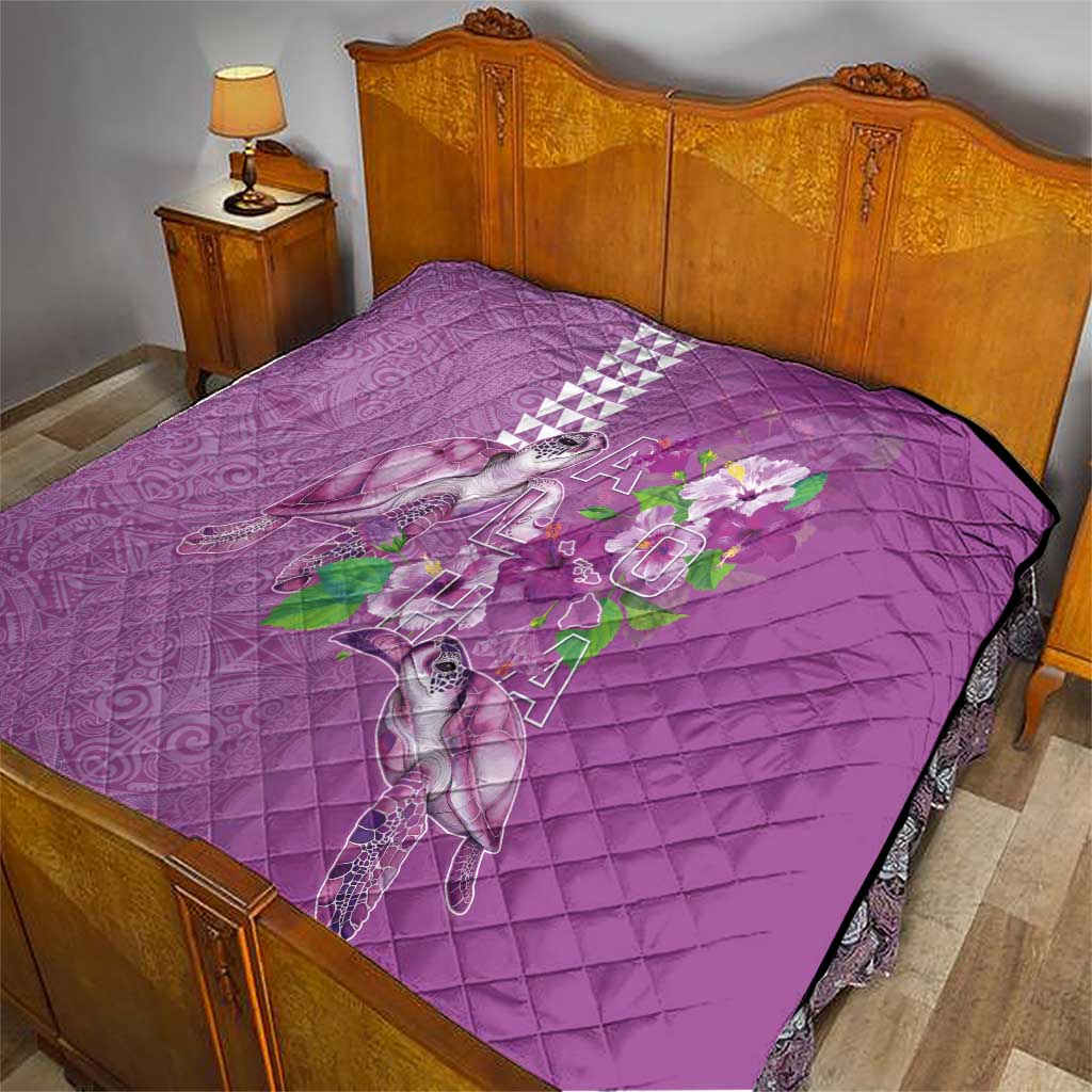 Hawaii Aloha Turtle Hibiscus and Leaves Quilt with Polynesian and Kakau Tattoos Lilac Color LT03 - Polynesian Pride