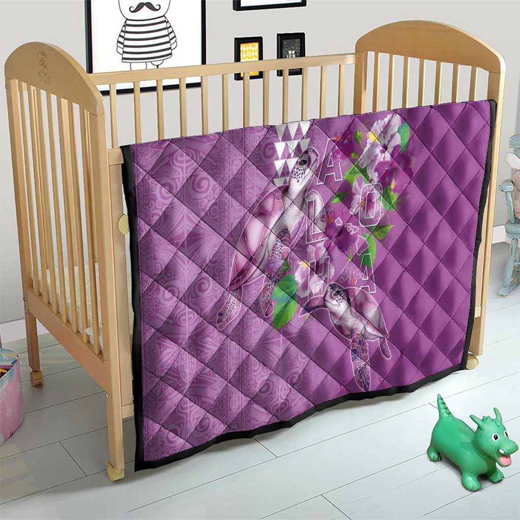 Hawaii Aloha Turtle Hibiscus and Leaves Quilt with Polynesian and Kakau Tattoos Lilac Color LT03 - Polynesian Pride