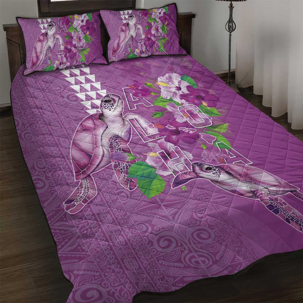 Hawaii Aloha Turtle Hibiscus and Leaves Quilt Bed Set with Polynesian and Kakau Tattoos Lilac Color LT03 Purple - Polynesian Pride