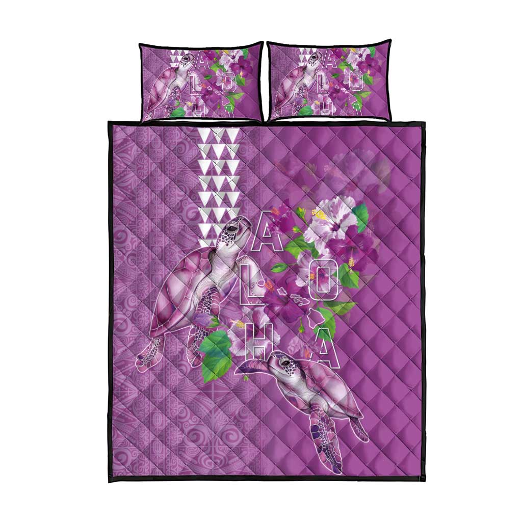 Hawaii Aloha Turtle Hibiscus and Leaves Quilt Bed Set with Polynesian and Kakau Tattoos Lilac Color LT03 - Polynesian Pride